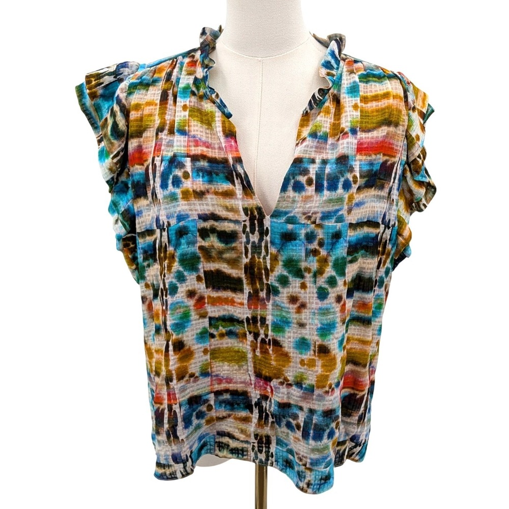 Marie Oliver Merrit Linen Silk Blend Abstract Print Ruffle Blouse Size 1 Small